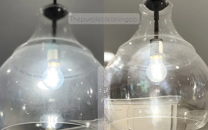 Before and after: cloudy glass pendant light shades cleaned until clear by Purple Glow Services