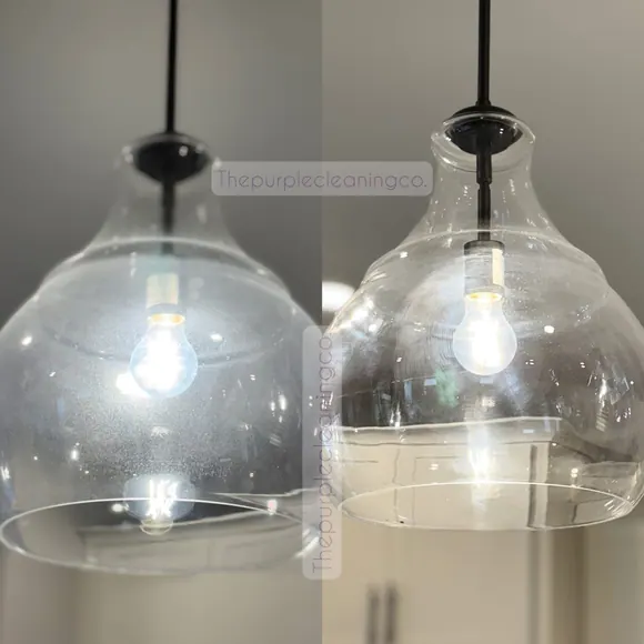 Before and after: cloudy glass pendant light shades cleaned until clear by Purple Glow Services
