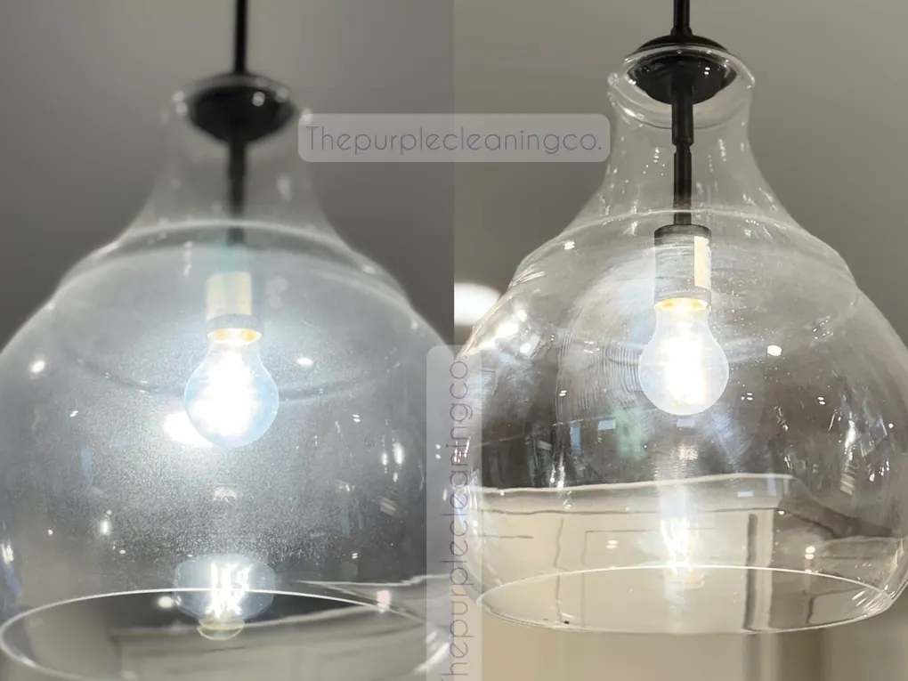 Before and after: cloudy glass pendant light shades cleaned until clear by Purple Glow Services
