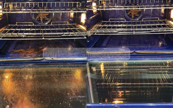Before and after: a greasy oven interior restored to a spotless finish by Purple Glow Services in Middle Tennessee