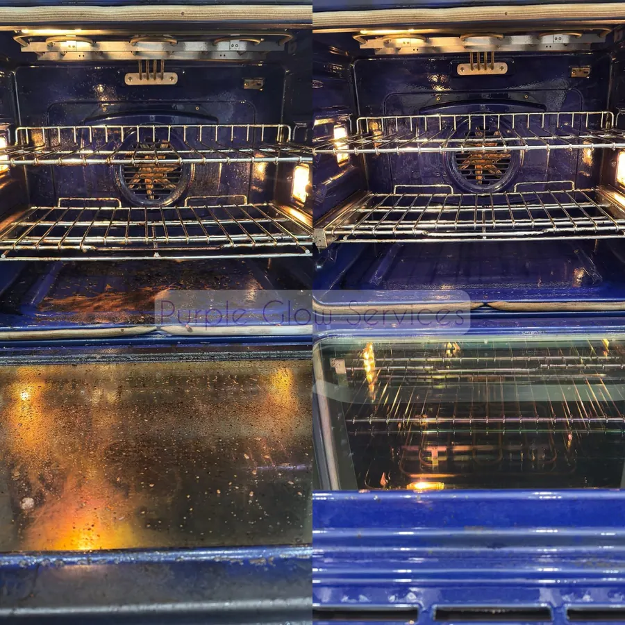 Before and after: a greasy oven interior restored to a spotless finish by Purple Glow Services in Middle Tennessee