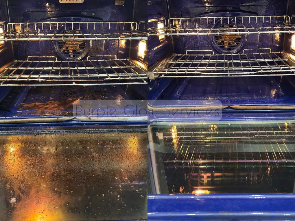 Before and after: a greasy oven interior restored to a spotless finish by Purple Glow Services in Middle Tennessee