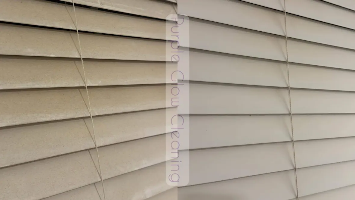 Before and after: dusty window blinds cleaned to a bright white by Purple Glow Services in Murfreesboro, TN