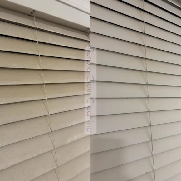 Before and after: dusty window blinds cleaned to a bright white by Purple Glow Services in Murfreesboro, TN