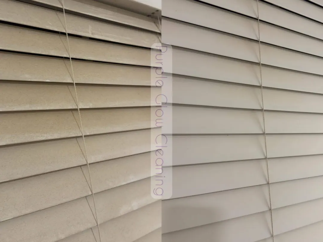 Before and after: dusty window blinds cleaned to a bright white by Purple Glow Services in Murfreesboro, TN