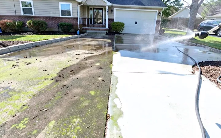 Concrete driveway half washed bright and half still dirty, with a pressure washer wand cleaning the surface in Murfreesboro, TN